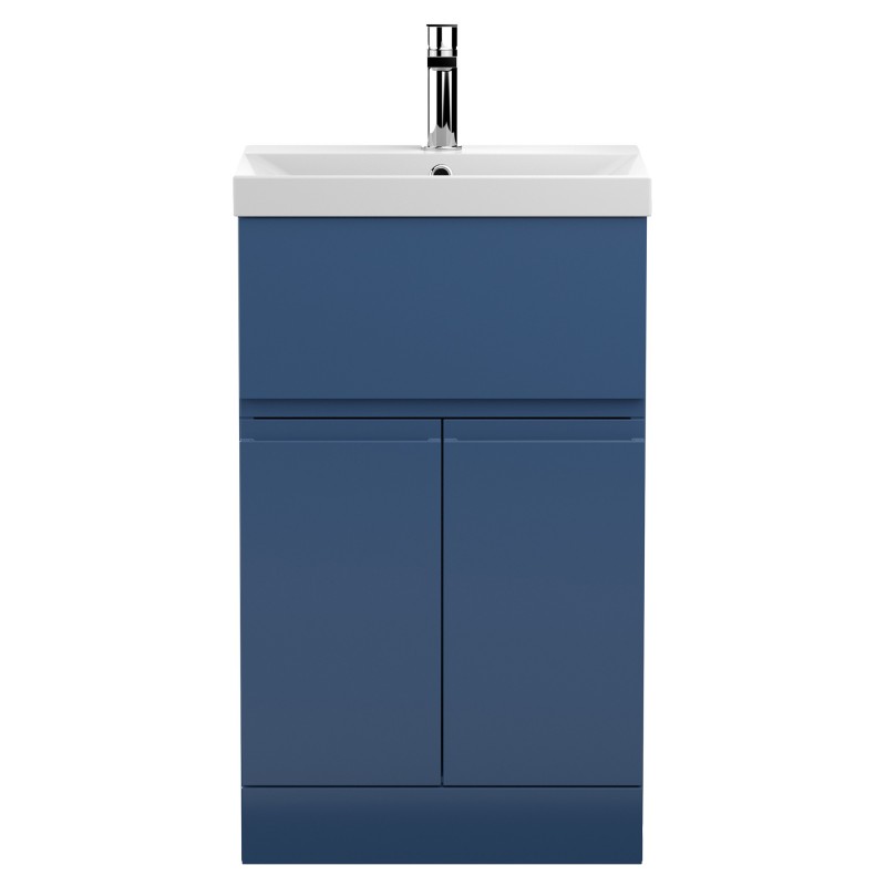 Urban 500mm Freestanding 2 Door & Drawer Vanity Unit & Thin-Edge Ceramic Basin - Satin Blue Urban 500mm Freestanding 2 Door & Drawer Vanity Unit & Thin-Edge Ceramic Basin - Satin Blue