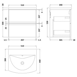 Urban 500mm Wall Hung 2 Drawer Vanity Unit & Curved Ceramic Basin - Satin Blue - Technical Drawing