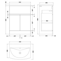 Urban 600mm Freestanding 2 Door & Drawer Vanity Unit & Curved Ceramic Basin - Satin Blue - Technical Drawing