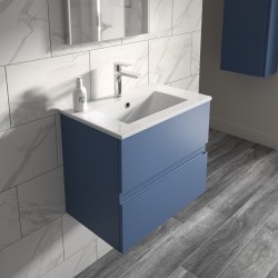 Urban 600mm Wall Hung 2 Drawer Vanity Unit & Minimalist Ceramic Basin - Satin Blue - Insitu