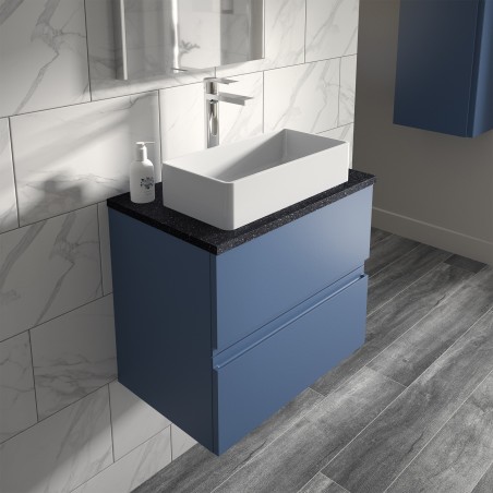 Urban 600mm Wall Hung 2 Drawer Vanity Unit & Sparkling Black Worktop - Satin Blue