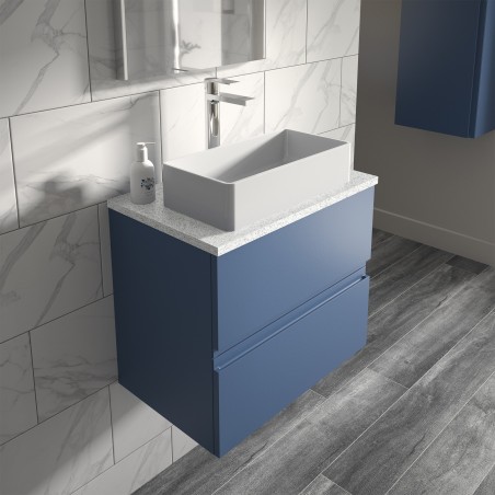 Urban 600mm Wall Hung 2 Drawer Vanity Unit & Sparkling White Worktop - Satin Blue