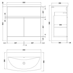 Urban 800mm Freestanding 2 Door Vanity Unit & Curved Ceramic Basin - Satin Blue - Technical Drawing
