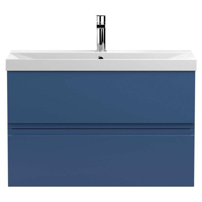 Urban 800mm Wall Hung 2 Drawer Vanity Unit & Thin-Edge Ceramic Basin - Satin Blue Urban 800mm Wall Hung 2 Drawer Vanity Unit & Thin-Edge Ceramic Basin - Satin Blue