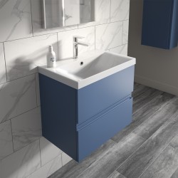 Urban 800mm Wall Hung 2 Drawer Vanity Unit & Thin-Edge Ceramic Basin - Satin Blue - Insitu