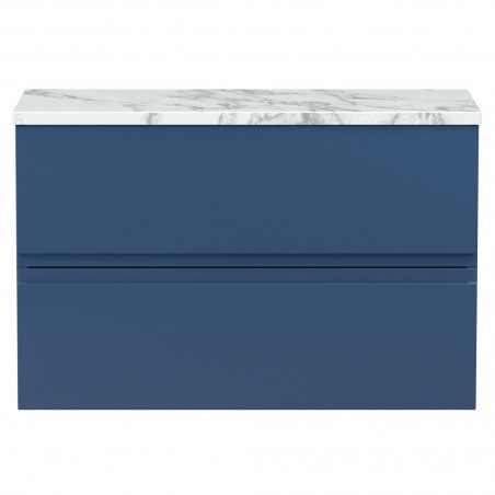 Urban 800mm Wall Hung 2 Drawer Unit With Carrera Marble Laminate Worktop - Satin Blue