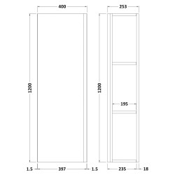 Urban Wall Hung 400 x 1200mm Cabinet - Satin Blue - Technical Drawing