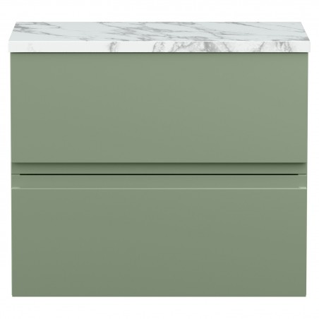 Urban 600mm Wall Hung 2 Drawer Unit With Carrera Marble Laminate Worktop - Satin Green
