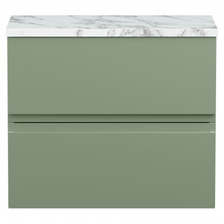 Urban 600mm Wall Hung 2 Drawer Unit With Carrera Marble Laminate Worktop - Satin Green