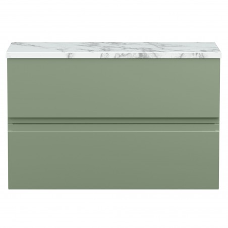 Urban 800mm Wall Hung 2 Drawer Unit With Carrera Marble Laminate Worktop - Satin Green