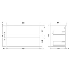 Urban 800mm Wall Hung 2 Drawer Unit & Worktop - Technical Drawing