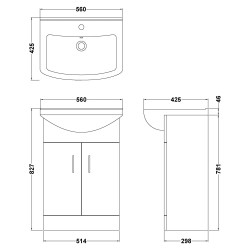 Mayford Freestanding 550mm Cabinet & Basin - Gloss White - Technical Drawing