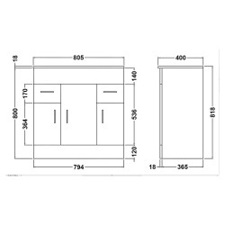Eden Freestanding 800mm Cabinet & Basin - Satin White - Technical Drawing