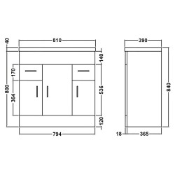 Eden Freestanding 800mm Cabinet & Basin - Satin White - Technical Drawing