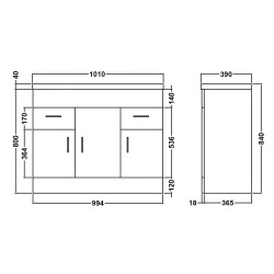 Eden Freestanding 1000mm Cabinet & Basin - Satin White - Technical Drawing