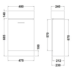 Mayford Freestanding 480mm Cabinet & Basin - Gloss White - Technical Drawing