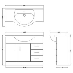 Mayford Freestanding 1050mm Cabinet & Basin - Gloss White - Technical Drawing