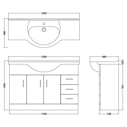 Mayford Freestanding 1200mm Cabinet & Basin - Gloss White - Technical Drawing