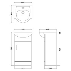 Mayford Freestanding 450mm Cabinet & Basin - Gloss White - Technical Drawing