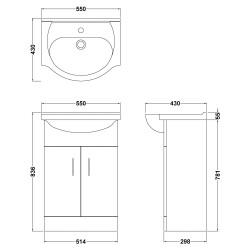 Mayford Freestanding 550mm Cabinet & Basin - Gloss White - Technical Drawing