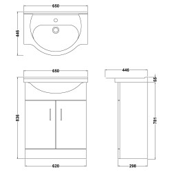 Mayford Freestanding 650mm Cabinet & Basin - Gloss White - Technical Drawing