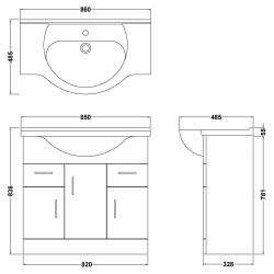 Mayford Freestanding 850mm Cabinet & Basin - Gloss White - Technical Drawing