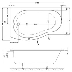 B-Shaped Shower Bath Left Handed 1500mm x 736/900mm - Technical Drawing