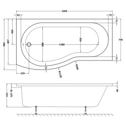 B-Shaped Shower Bath Left Handed 1700mm x 736/900mm - Technical Drawing