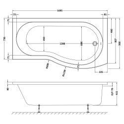 B-Shaped Shower Bath Right Handed 1700mm x 736/900mm - Technical Drawing