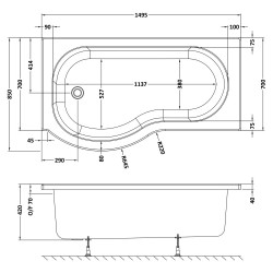 P-Shaped Shower Bath Left Handed 1500mm x 700/850mm - Technical Drawing