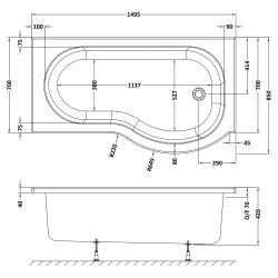 P-Shaped Shower Bath Right Handed 1500mm x 700/850mm - Technical Drawing