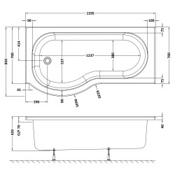 P-Shaped Shower Bath Left Handed 1600mm x 700/850mm - Technical Drawing