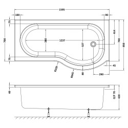 P-Shaped Shower Bath Right Handed 1600mm x 700/850mm - Technical Drawing