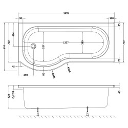 P-Shaped Shower Bath Left Handed 1700mm x 700/850mm - Technical Drawing