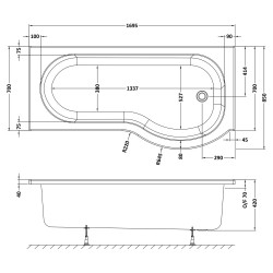 P-Shaped Shower Bath Right Handed 1700mm x 700/850mm - Technical Drawing