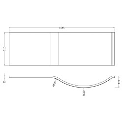 1600mm Acrylic P-Shaped Shower Front Bath Panel - Gloss White - Technical Drawing