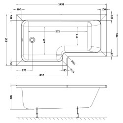 SquareÂ Shower Bath Left Handed 1500mm x 705/855mm - Technical Drawing