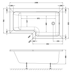 SquareÂ Shower Bath Right Handed 1500mm x 705/855mm - Technical Drawing