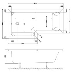 SquareÂ Shower Bath Left Handed 1600mm x 705/855mm - Technical Drawing