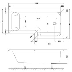 SquareÂ Shower Bath Right Handed 1600mm x 705/855mm - Technical Drawing