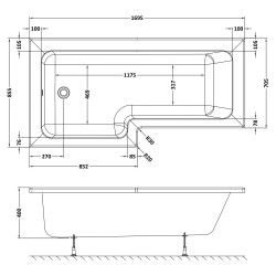 SquareÂ Shower Bath Left Handed 1700mm x 705/855mm - Technical Drawing
