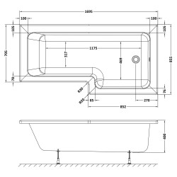 SquareÂ Shower Bath Right Handed 1700mm x 705/855mm - Technical Drawing