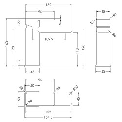 Windon Eco Mono Basin Mixer With Push Button Waste - Technical Drawing