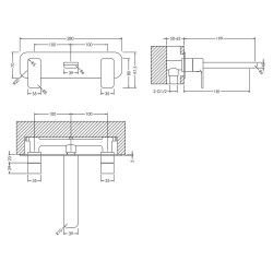 Windon Wall Mounted 3 Tap Hole Basin Mixer With Plate - Technical Drawing