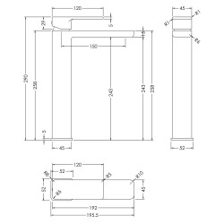 Windon High-Rise Mono Basin Mixer (No Waste) - Technical Drawing