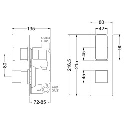 Matt Black Windon Twin Thermostatic Valve - Technical Drawing