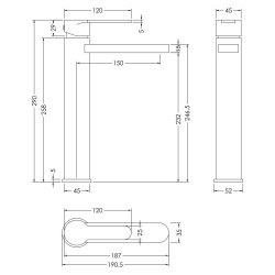 Windon High-Rise Mono Basin Mixer - Brushed Pewter - Technical Drawing