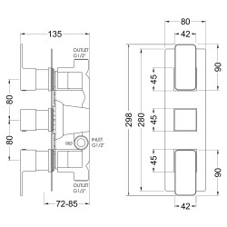 Brushed Brass Windon Triple Thermostatic Valve - Technical Drawing