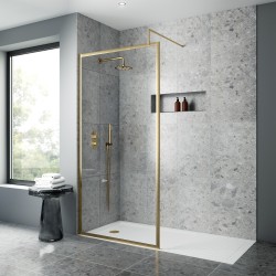 Full Outer Framed Wetroom Screen 1200mm x 1850mm with Support Bar 8mm Glass - Brushed Brass - Insitu