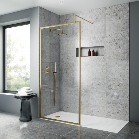 Full Outer Framed Wetroom Screen 1400mm x 1850mm with Support Bar 8mm Glass - Brushed Brass